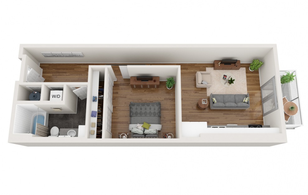 The Deqn 1 bed and 1 bath 747 sq ft 3D floorplan at Metronome at MidCity