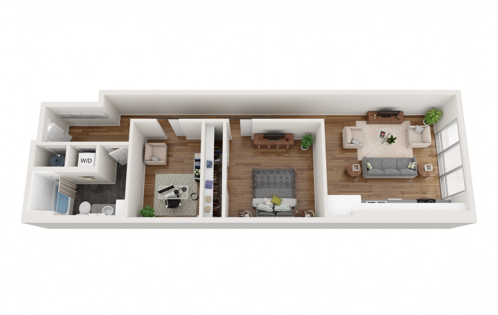 The Dodson 1 bed and 1 bath 899 sq ft 3D floorplan at Metronome at MidCity